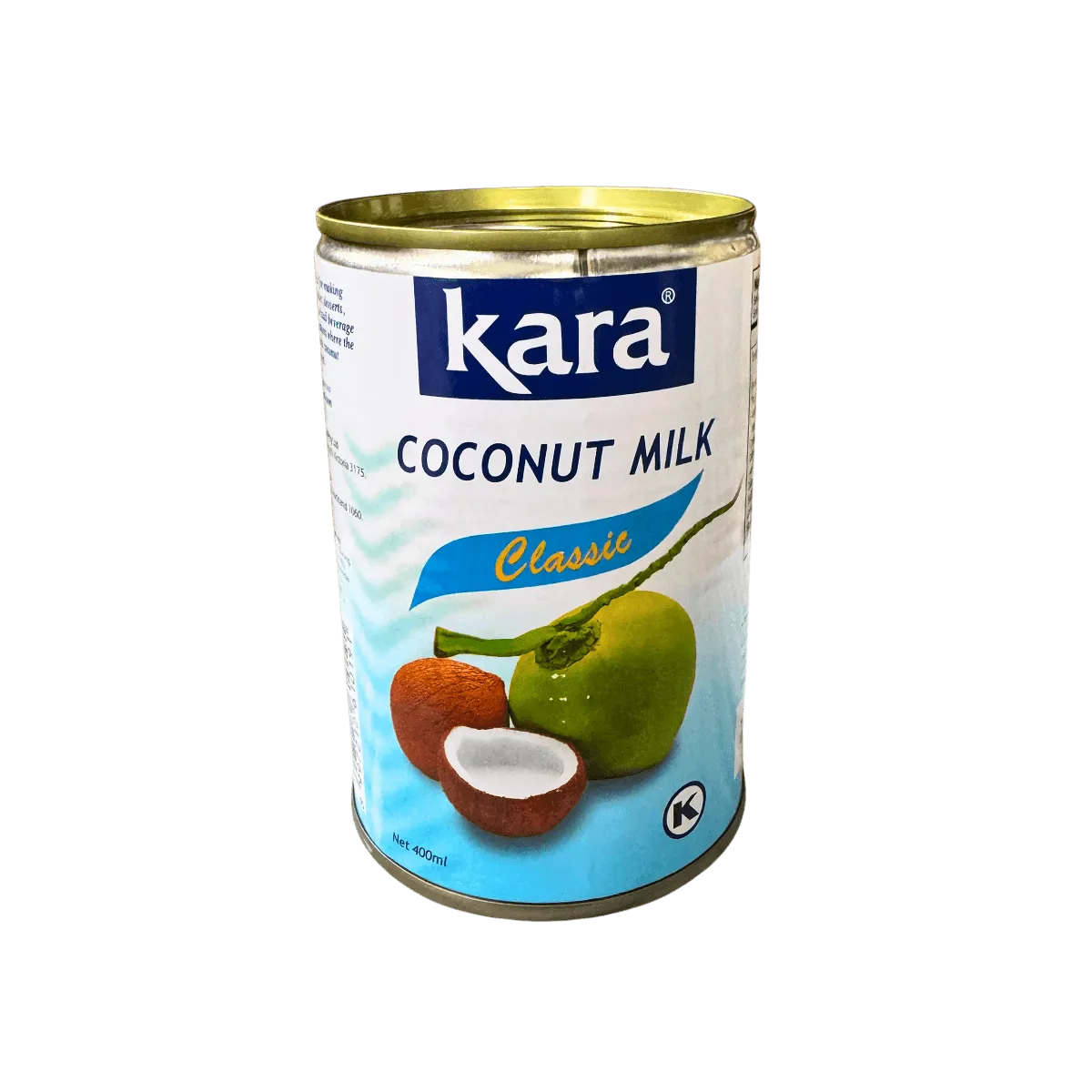 A can of Kara coconut milk, featuring a green and white design with a coconut image on the front.