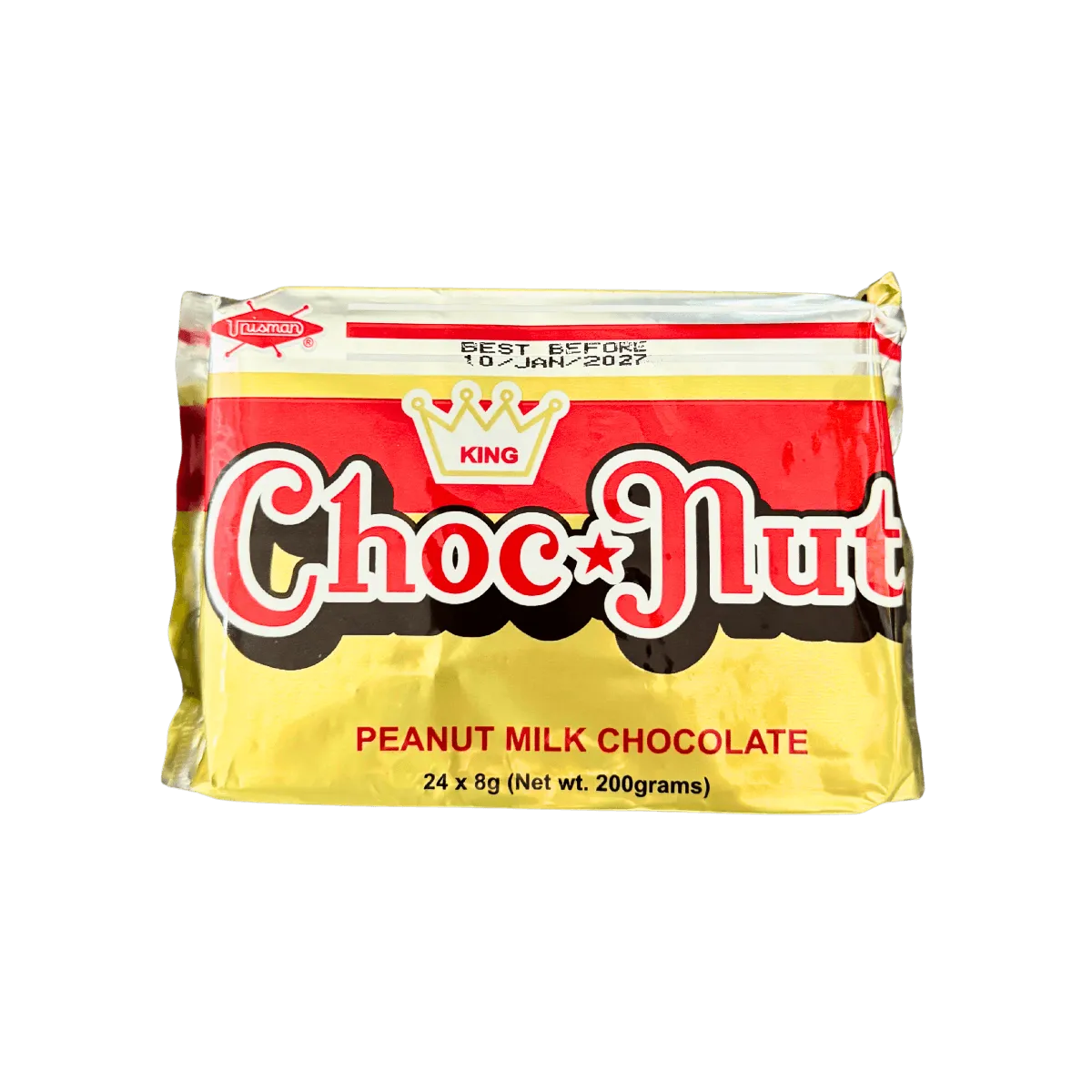 A close-up of Choc Nut, a peanut milk chocolate bar, showcasing its textured surface and packaging design.