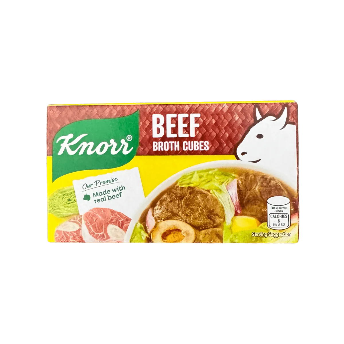 Knorr beef broth cubes in a clear package, showcasing the individual cubes and nutritional information on the label.