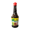A bottle of sauce featuring a red lid, placed upright against a neutral background.
