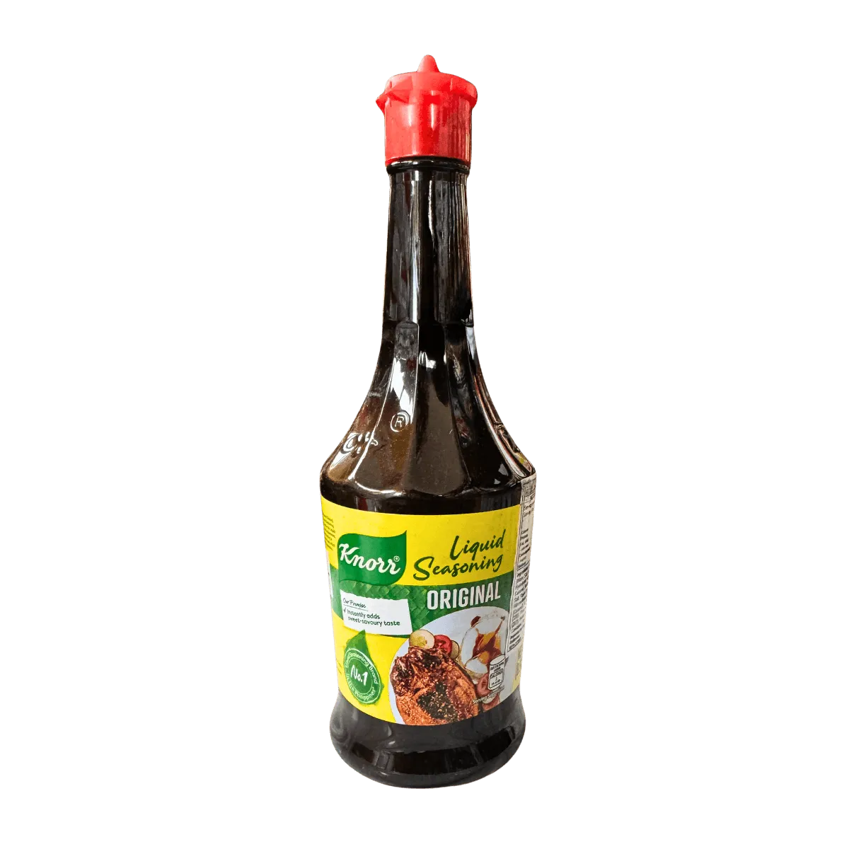 A bottle of sauce featuring a red lid, placed upright against a neutral background.