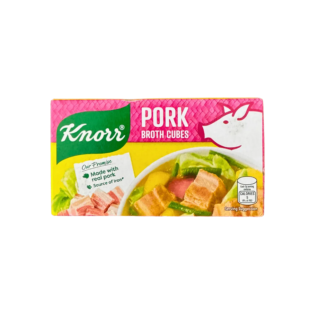 A pack of knorr pork soup filled with colorful vegetables, garnished with herbs, showcasing a rich and inviting broth.