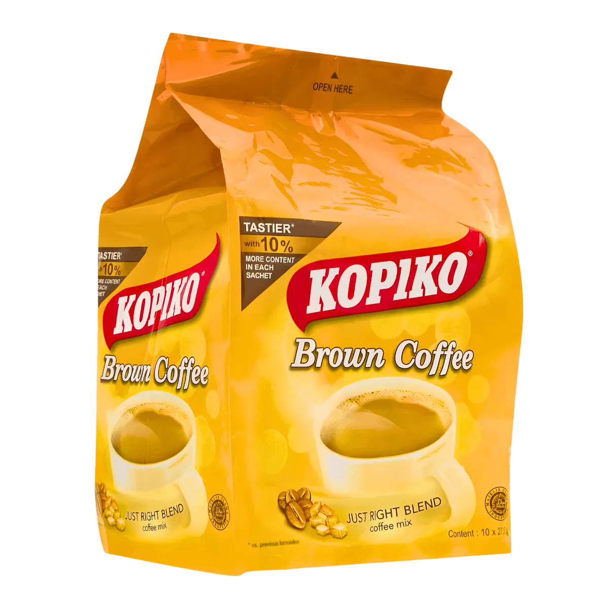 Kopiko coffee in a brown package, highlighting its logo and design, placed on a simple surface for emphasis.