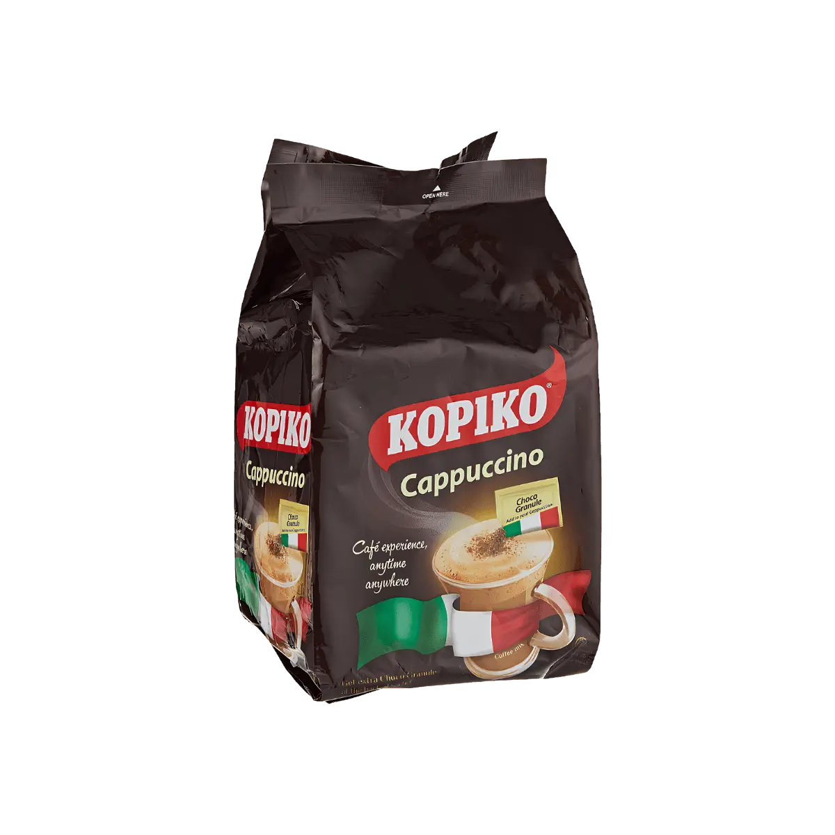 A package of Kopiko Italian coffee featuring rich coffee beans and a vibrant design, emphasizing its premium quality.