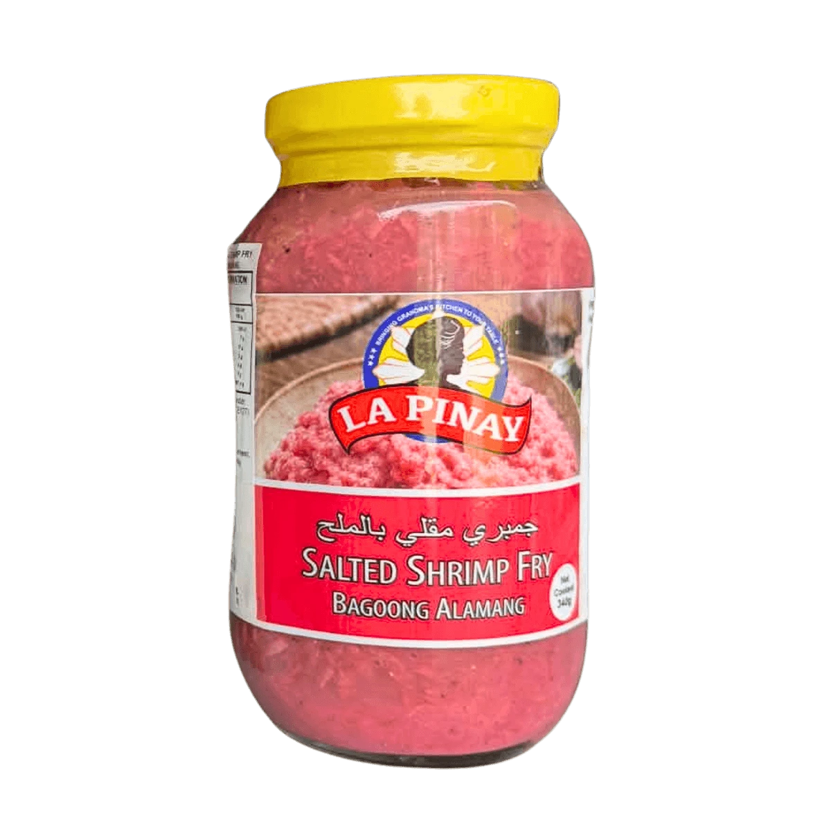 La Pinay salted shrimp fry jar with a vibrant label showcasing shrimp and traditional ingredients.