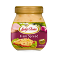 A jar of Lady's Choice ham spread with a red label, showcasing the product's branding and contents.