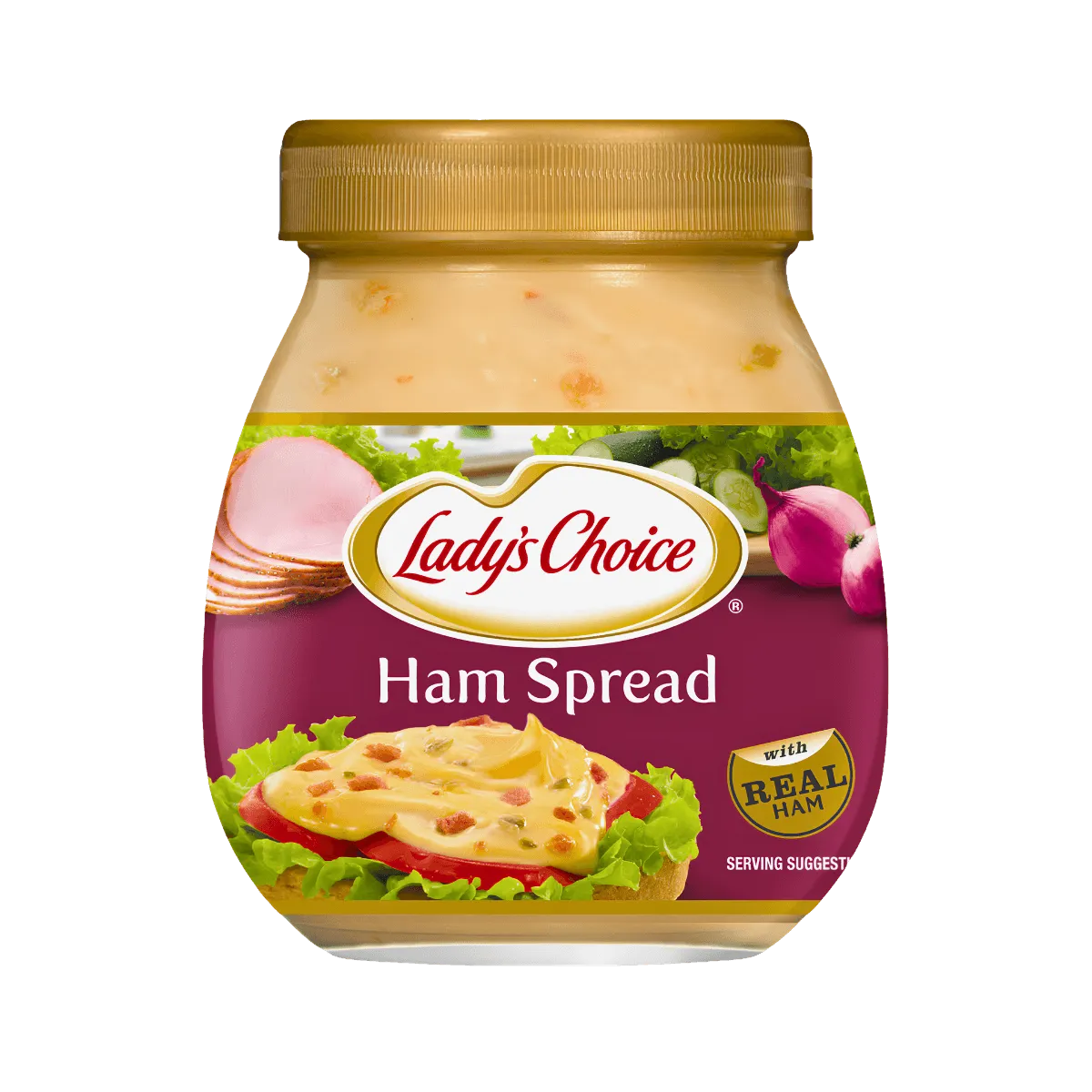 A jar of Lady's Choice ham spread with a red label, showcasing the product's branding and contents.