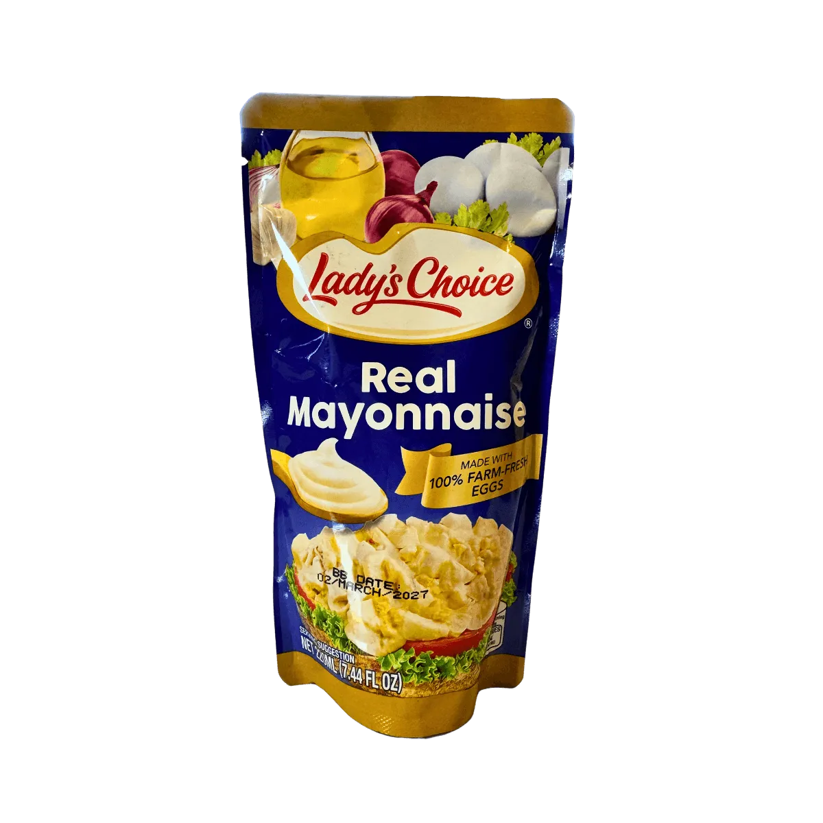 Lady's Choice Real Mayonnaise in a 470ml package, showcasing a bright yellow label with the brand name and ingredients listed.