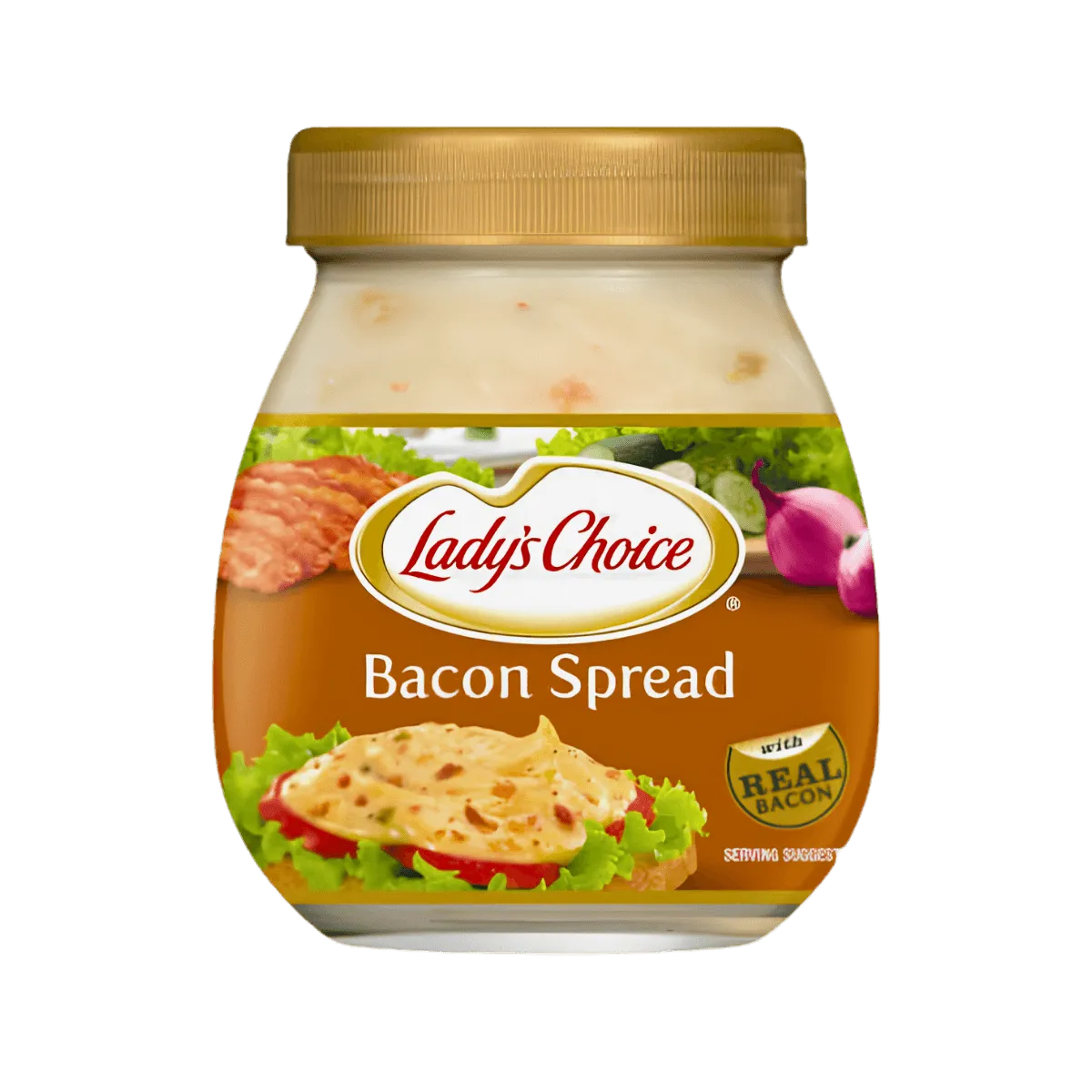 A jar of Lady's Choice bacon spread, featuring a label with the brand name and an image of crispy bacon.