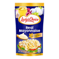 Bag of Lady's Choice Real Mayonnaise with a yellow label, placed on a wooden kitchen countertop.