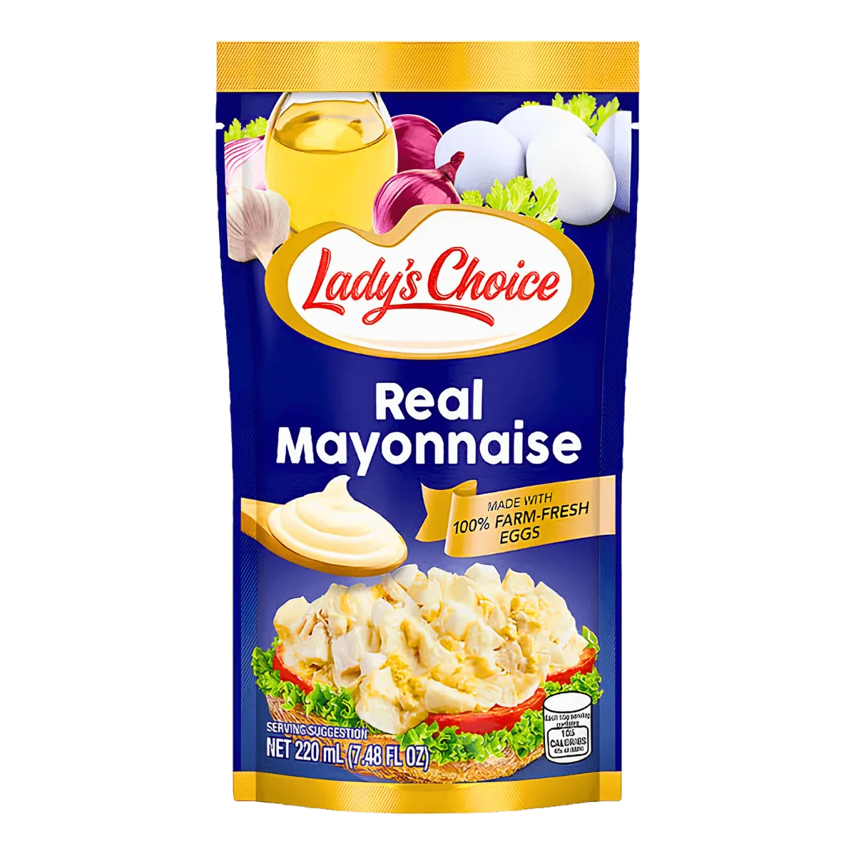 Bag of Lady's Choice Real Mayonnaise with a yellow label, placed on a wooden kitchen countertop.