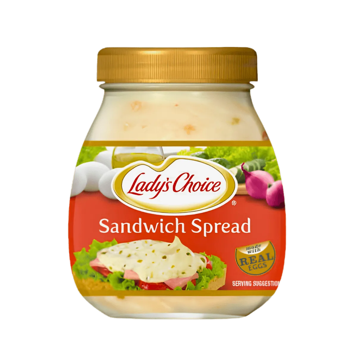 Lady's Choice sandwich spread in a glass jar, highlighting its smooth consistency and vibrant packaging design.