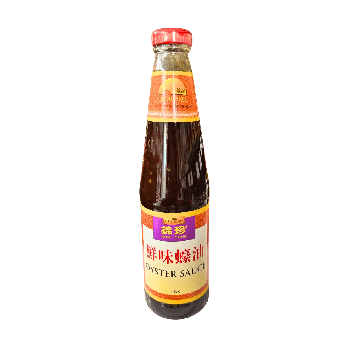 A bottle of oyster sauce displayed against a black background, highlighting its dark color and label design.