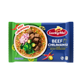 A pack of Lucky Me beef chili noodles, featuring noodles topped with beef, chili, and green onions in a savory broth.