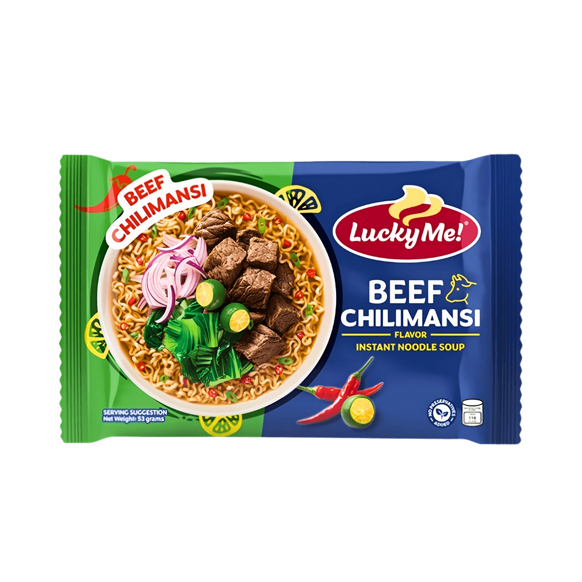 A pack of Lucky Me beef chili noodles, featuring noodles topped with beef, chili, and green onions in a savory broth.
