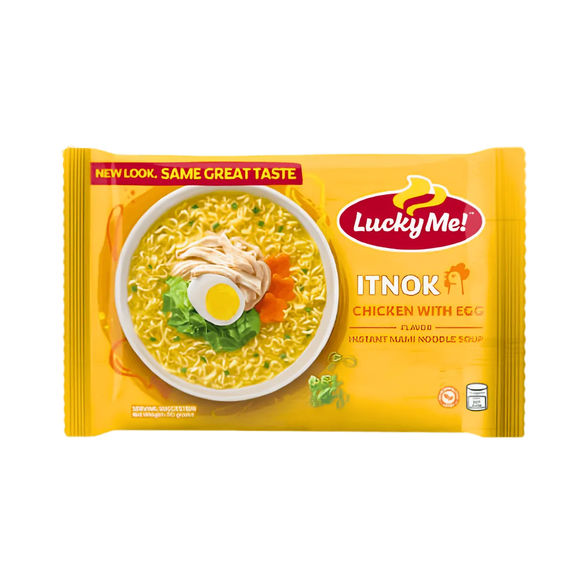 A bowl of lucky me noodles topped with a fried egg, garnished with green onions and served on a wooden table.