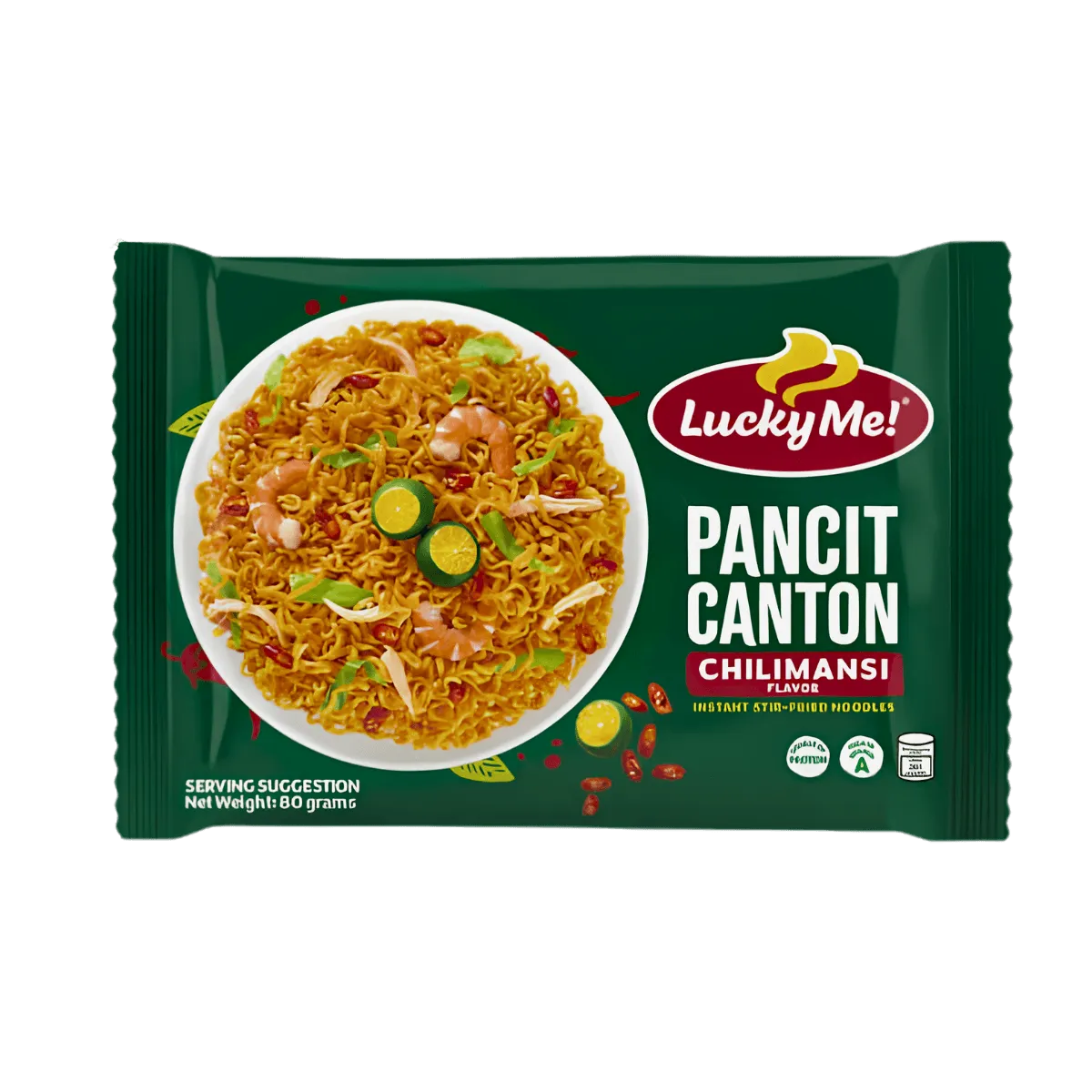 A package of Lucky Me Pancit Canton, featuring vibrant packaging and product details prominently displayed.