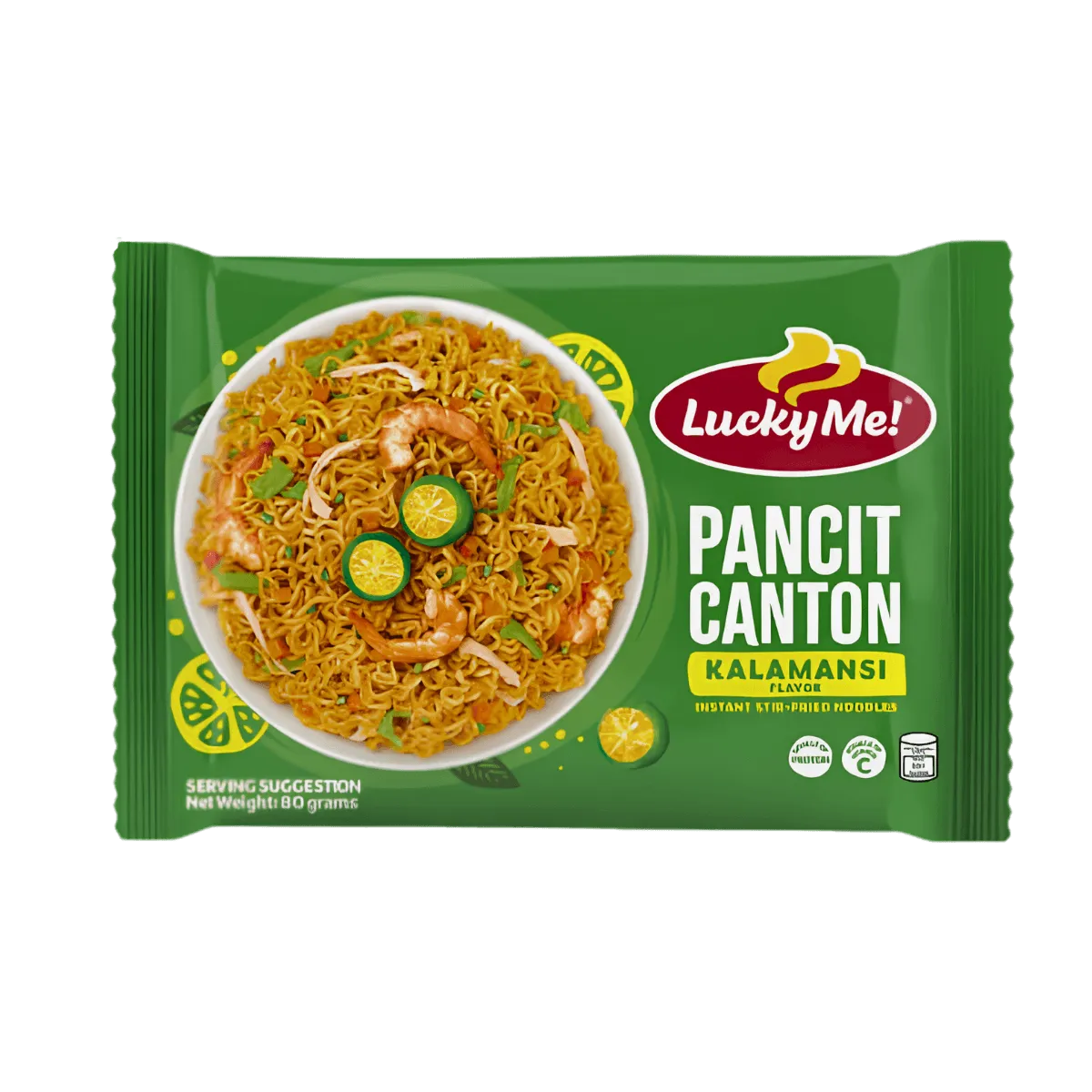 A package of Lucky Me Pancit Canton rice noodles, featuring vibrant packaging and product details prominently displayed.