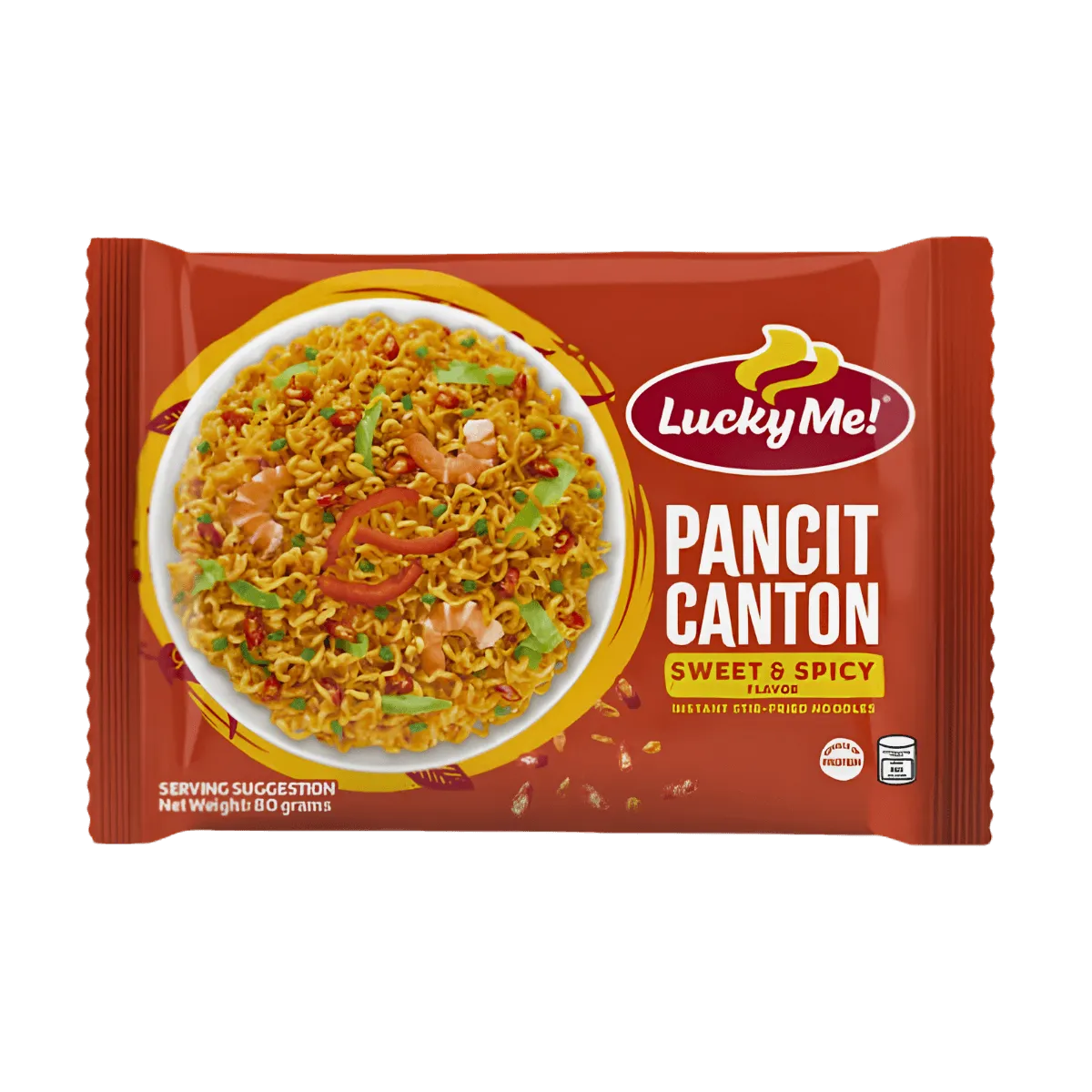A vibrant dish of Lucky Me Pancit Canton, featuring colorful vegetables, presented on a rustic table.