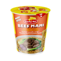 A bowl of Lucky Me beef mami noodles, featuring tender beef slices, vegetables, and flavorful broth.
