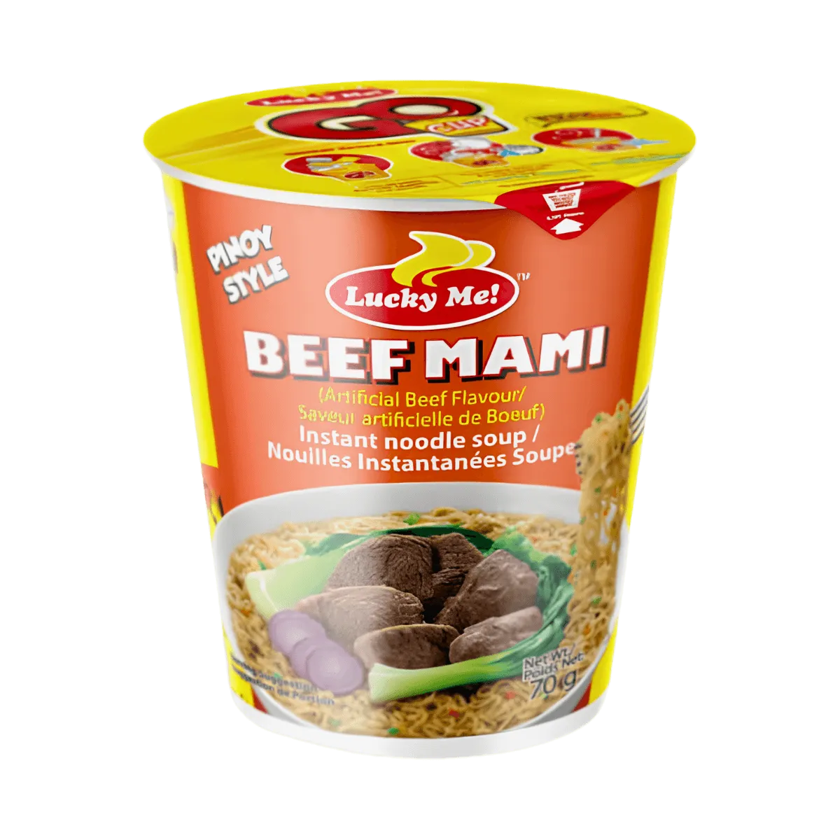A bowl of Lucky Me beef mami noodles, featuring tender beef slices, vegetables, and flavorful broth.