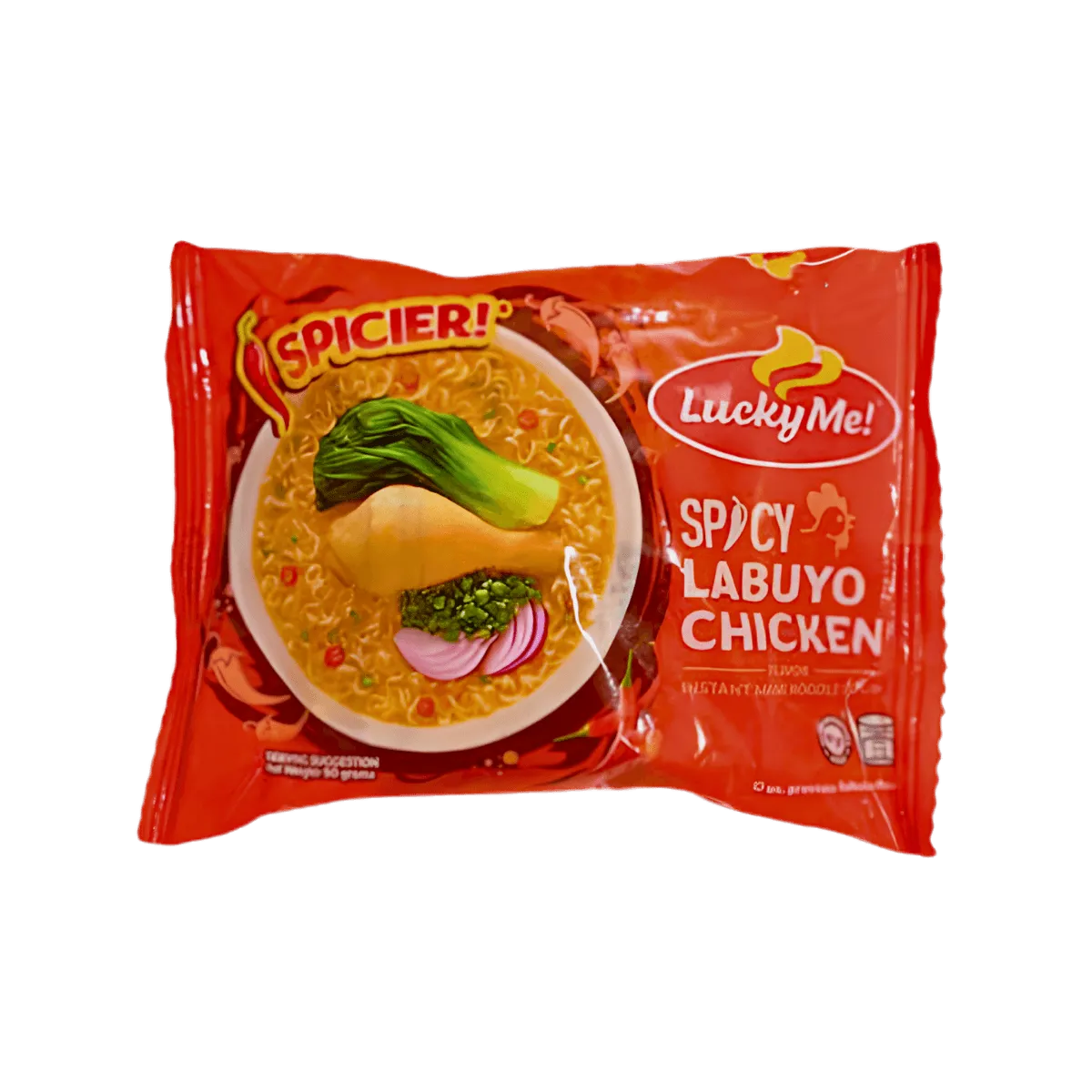 A packet of spicy chicken noodles featuring vibrant packaging and a clear view of the product inside.