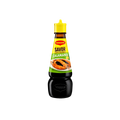 A stylish bottle of sauce, isolated on a black background, highlighting its shape and label.