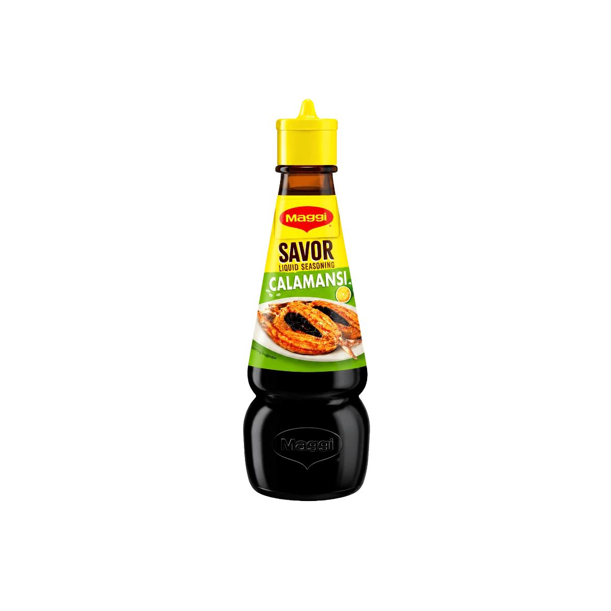 A stylish bottle of sauce, isolated on a black background, highlighting its shape and label.