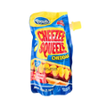 A close-up of Cheezee Squeezers cheddar, showcasing the cheese-filled sausages in a colorful packaging.