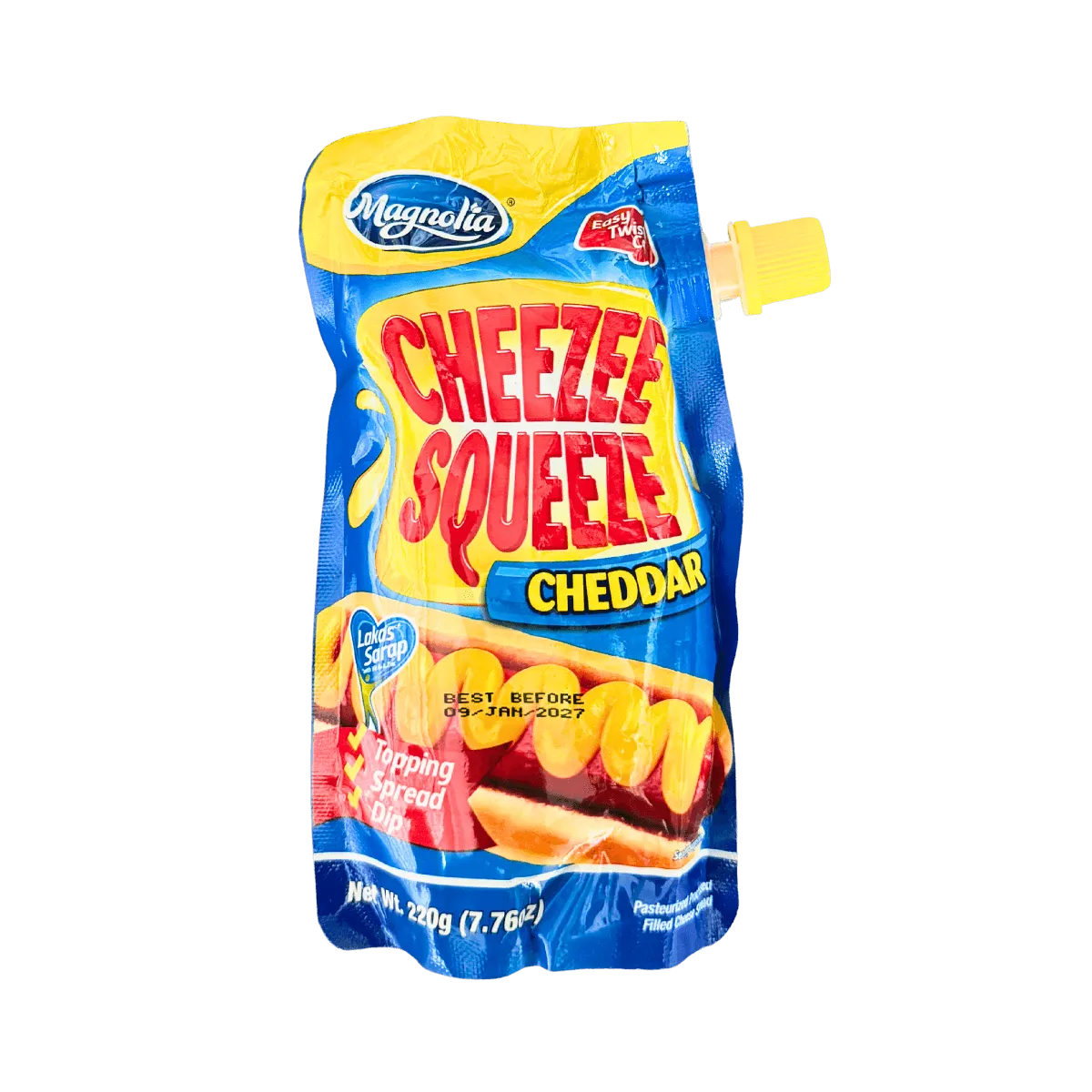 A close-up of Cheezee Squeezers cheddar, showcasing the cheese-filled sausages in a colorful packaging.