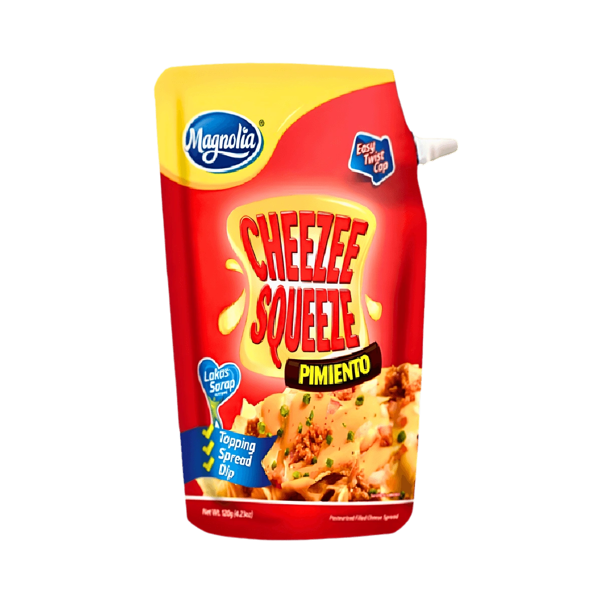 A pack of cheezee squeeze displayed against a black background, showcasing its label and contents.