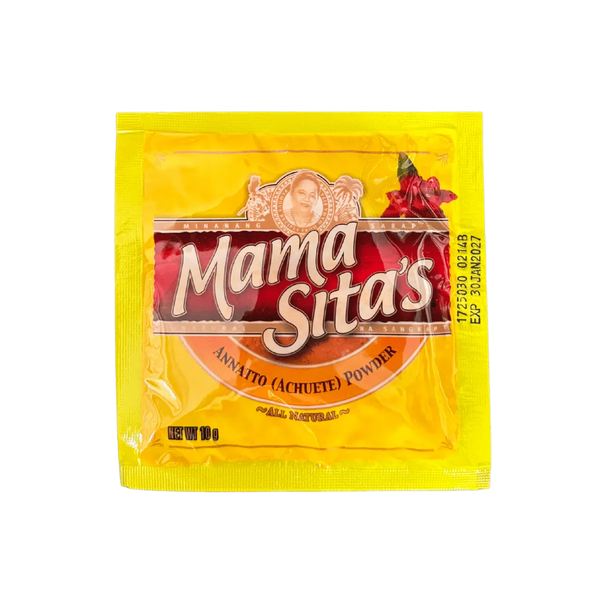 Mama Sita's annatto powder packets displayed, featuring vibrant packaging and various flavors for enhancing dishes.