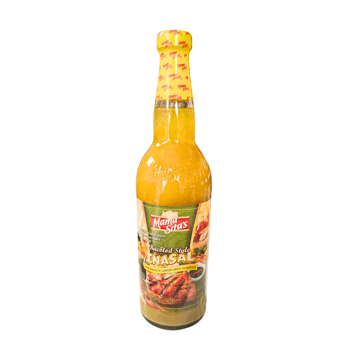 A bottle of inasal sauce with a vibrant label, set against a solid black background.