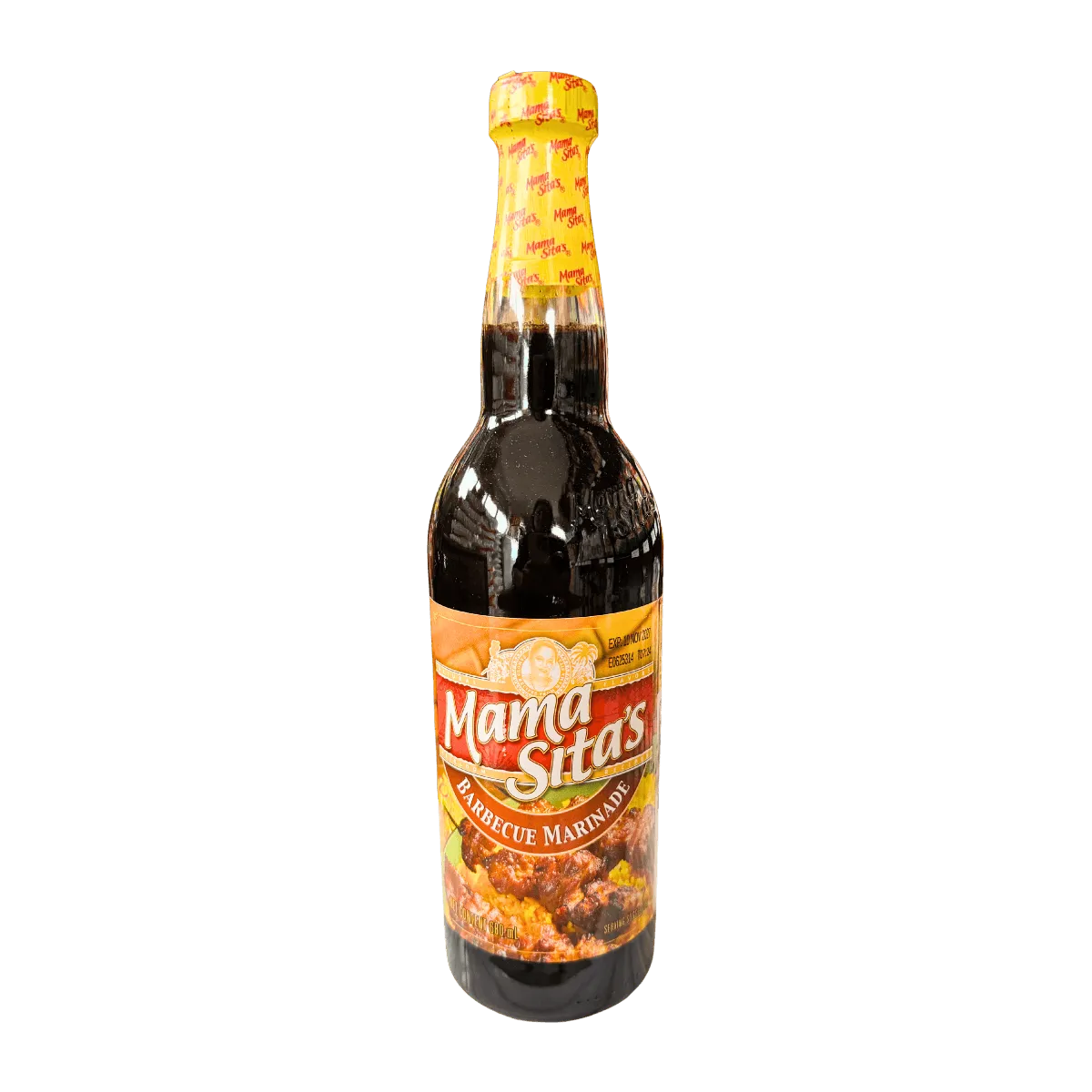 A glass bottle of barbeque marinade with a label reading "Mama Sita's," showcasing a homemade, inviting appearance.