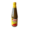 A bottle of sauce with a sleek design, prominently displayed against a white background.