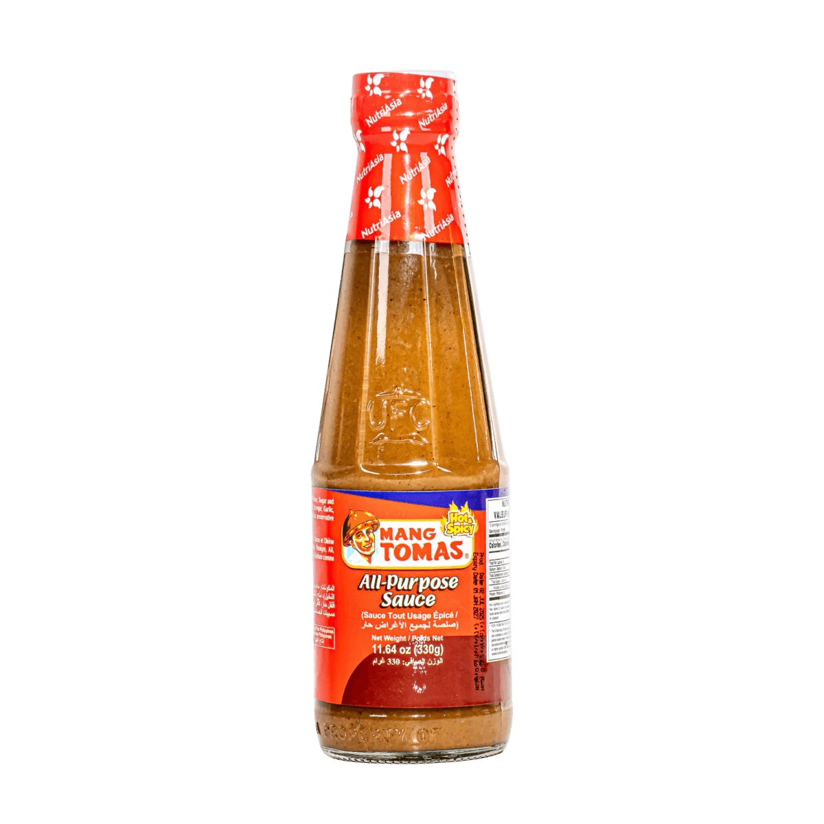 A bottle of hot sauce with a vibrant label, set against a solid black background.
