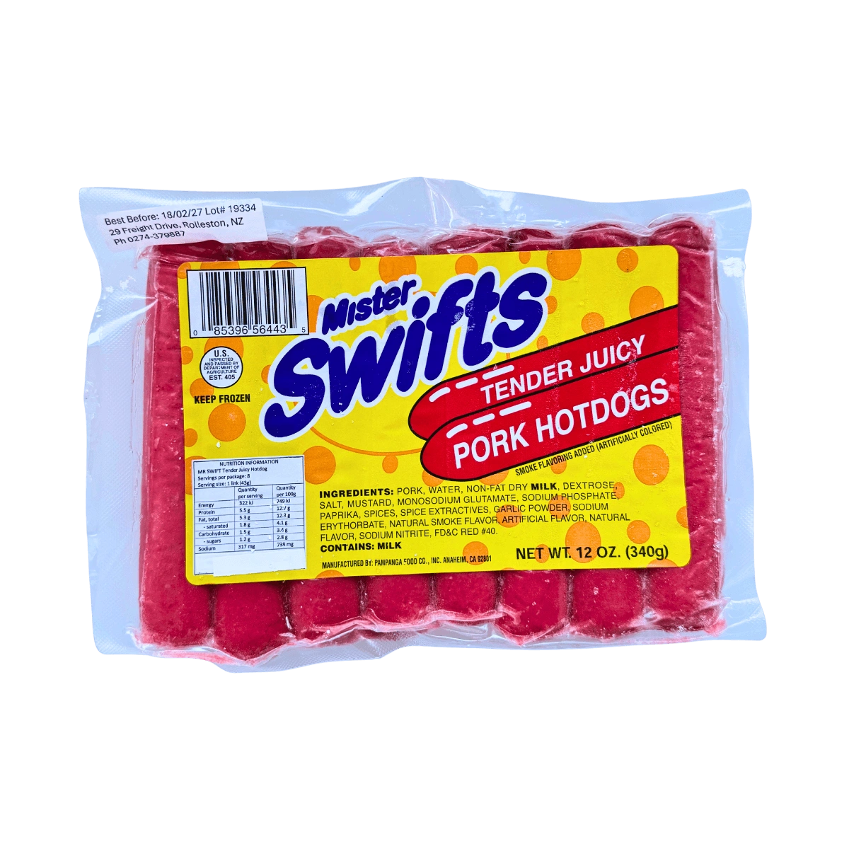 A package of pork hotdogs displayed on a black background, showcasing its branding and nutritional information.