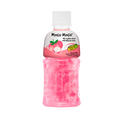 A bottle of pink liquid beside a pink fruit, showcasing a vibrant and colorful beverage presentation.