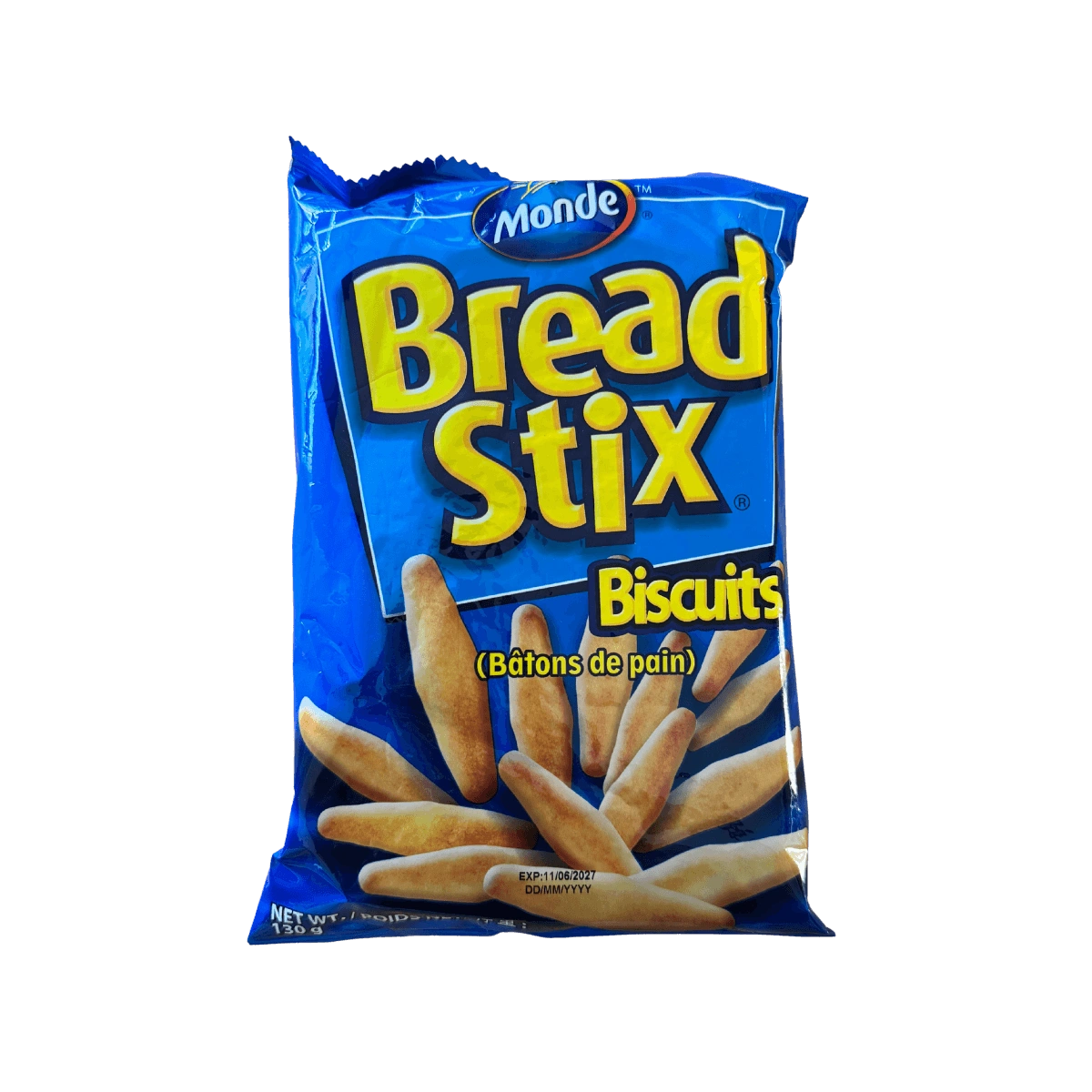 A bag of bread stix biscuits, showcasing the product packaging and the stix inside.