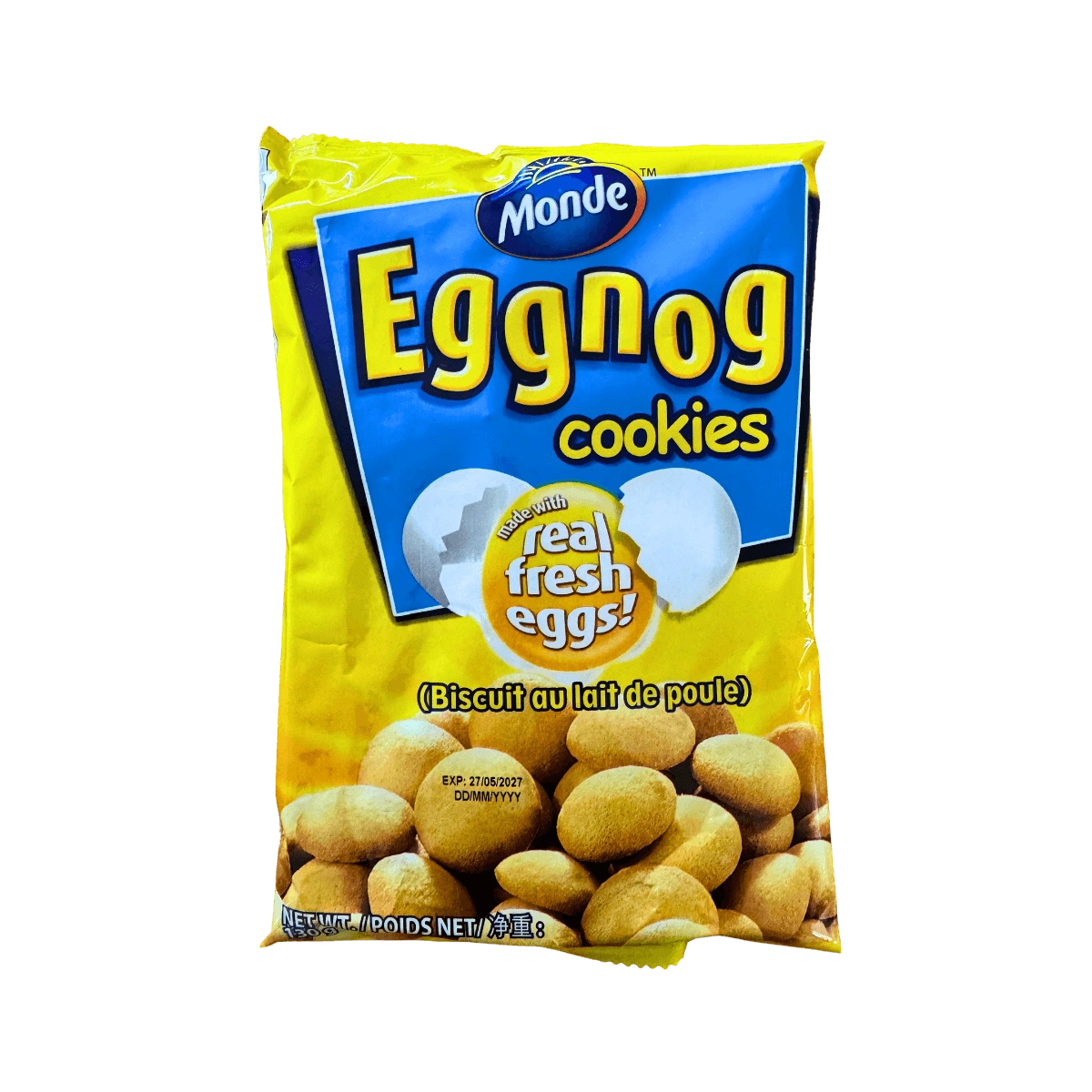 A 130g package of eggnog cookies, featuring festive holiday-themed designs on the cookies.