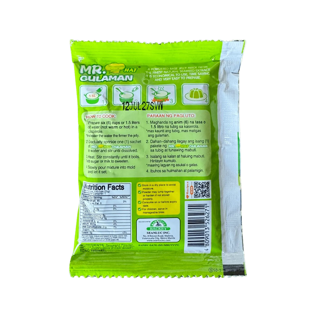 A packet of buko pandan jelly powder featuring a prominently displayed label indicating the brand and flavor.