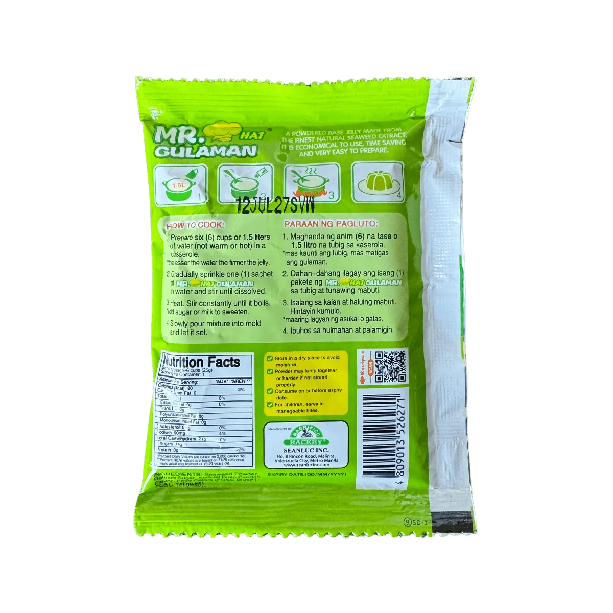 A packet of buko pandan jelly powder featuring a prominently displayed label indicating the brand and flavor.