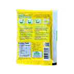 A packet of yellow powder displayed against a black background, emphasizing its vibrant color and packaging design.