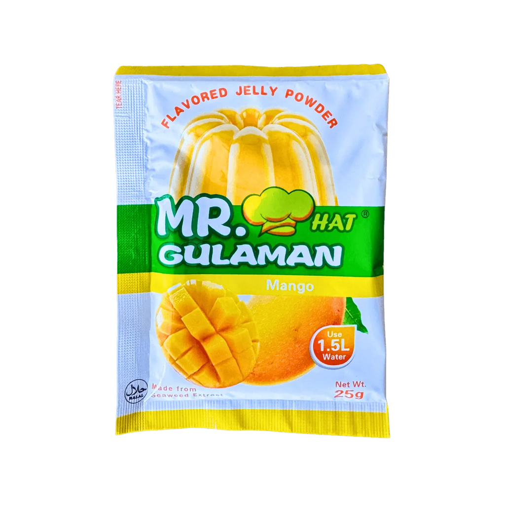 A package of mango jelly featuring a plain white label on the front.