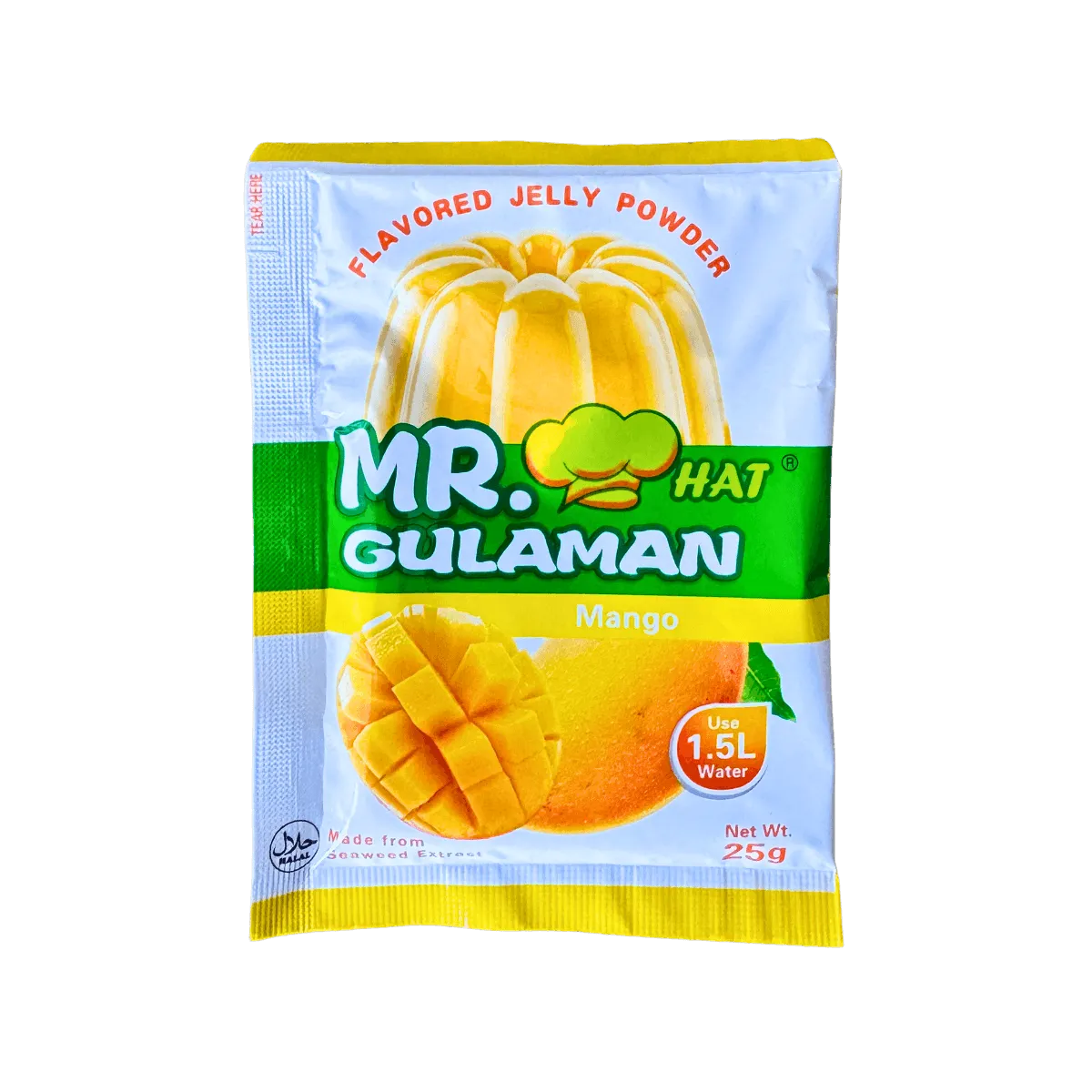 A package of mango jelly featuring a plain white label on the front.