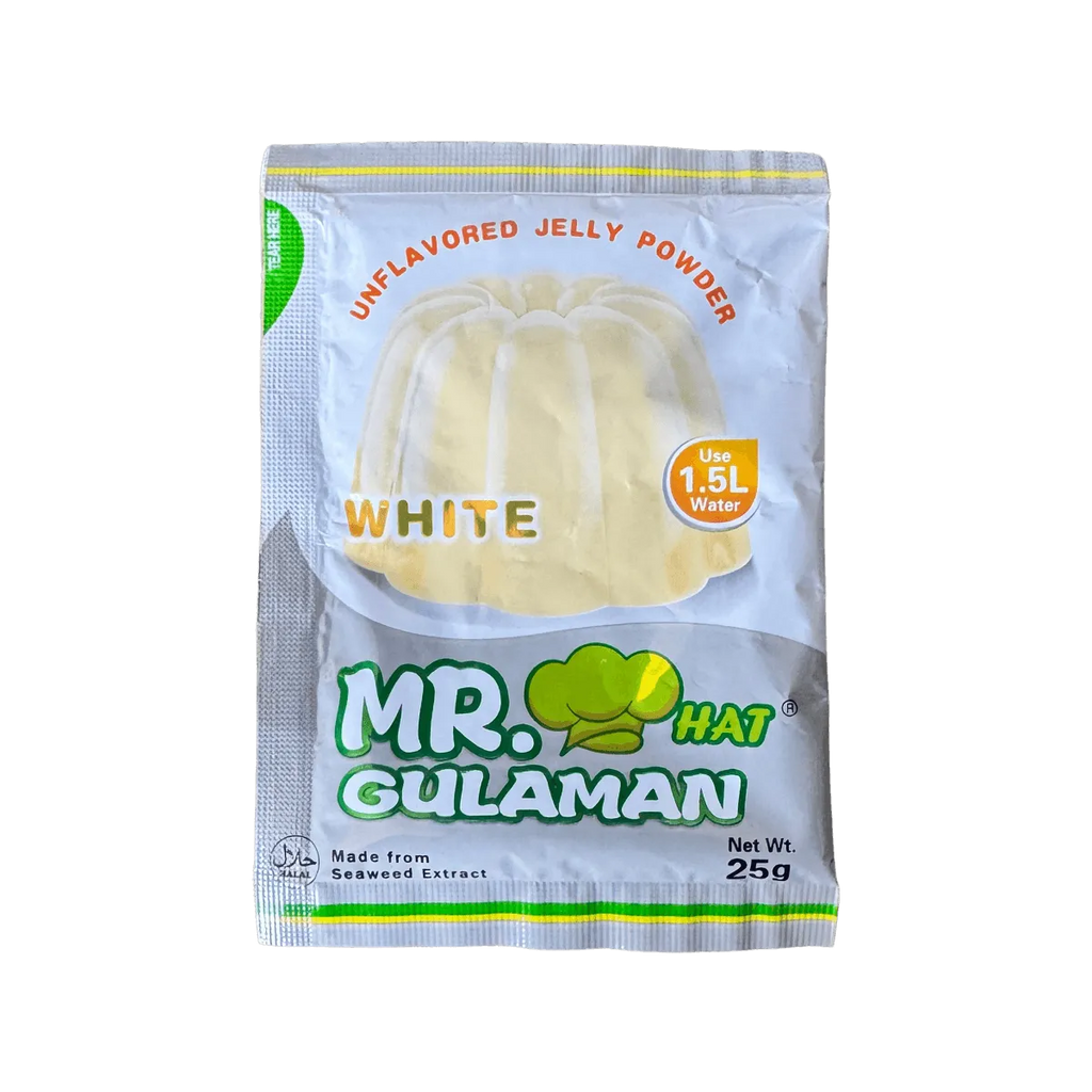A close-up of Mr. Gulaman white jelly, showcasing its smooth texture and glossy surface in a clear container.