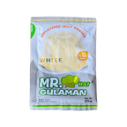 A close-up of Mr. Gulaman white jelly, showcasing its smooth texture and glossy surface in a clear container.