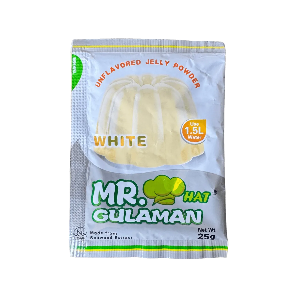 A close-up of Mr. Gulaman white jelly, showcasing its smooth texture and glossy surface in a clear container.