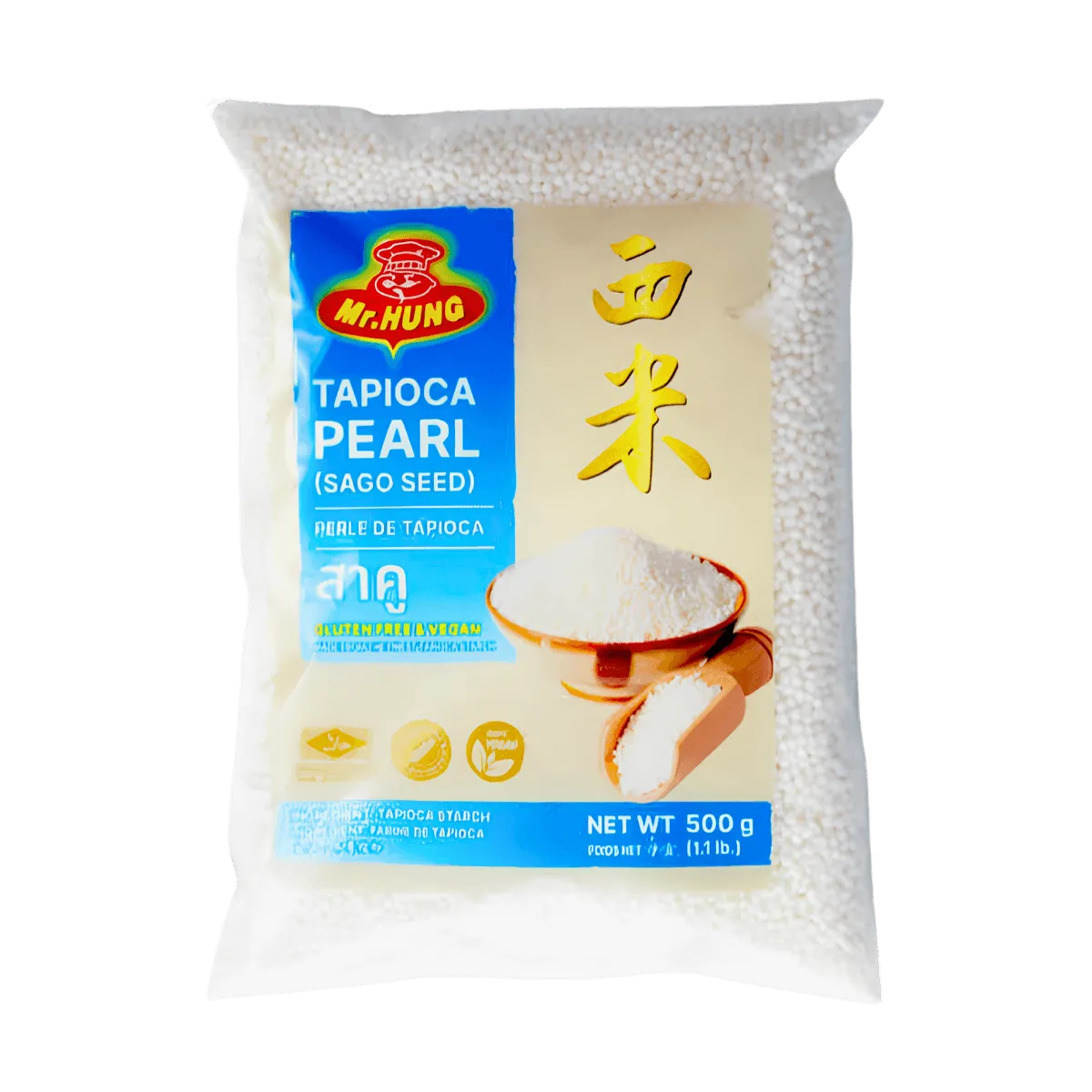 A 500g package of tapioca pearl, featuring a clear label and a textured background.