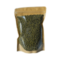 A bag of mung beans displayed against a solid white background, emphasizing the product's texture and color.